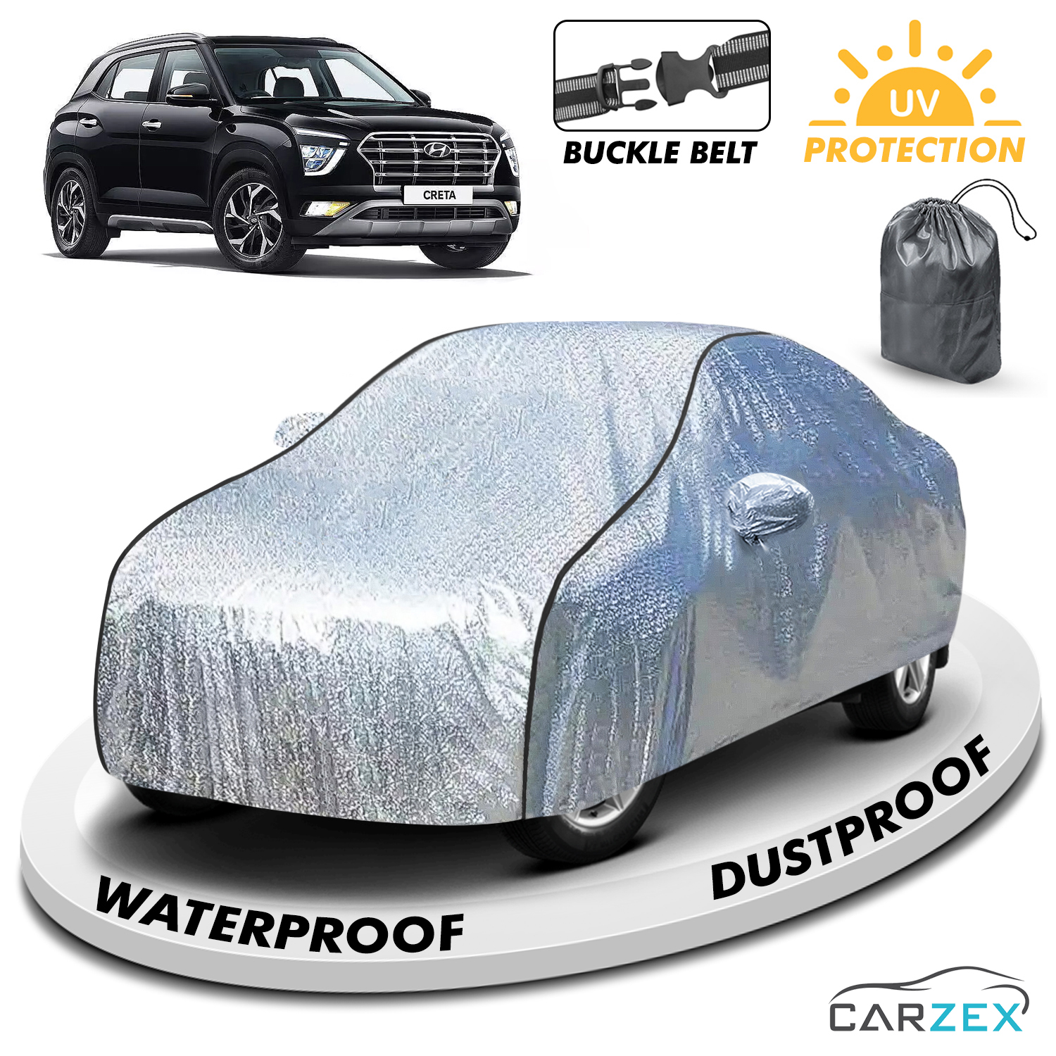 Carzex Waterproof & Heat Resistant Metallic Silver With Black Border Car Body Cover with Mirror Pockets For Hyundai Creta Old